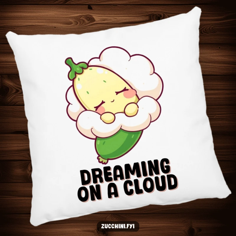 Funny sleepy zucchini pillow featuring a drowsy zucchini on a cloud, offering comfort and a touch of humorous, dreamy relaxation.