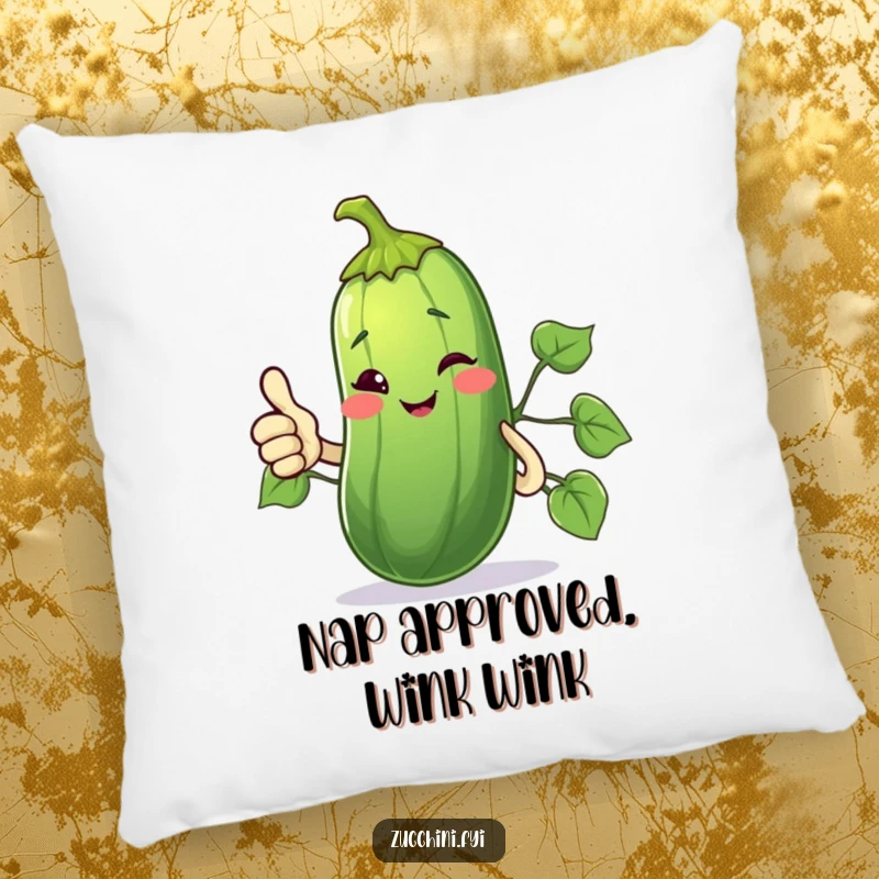 Funny Pillow showcasing a winking zucchini giving a thumbs up with its vine, conveying approval and fun.