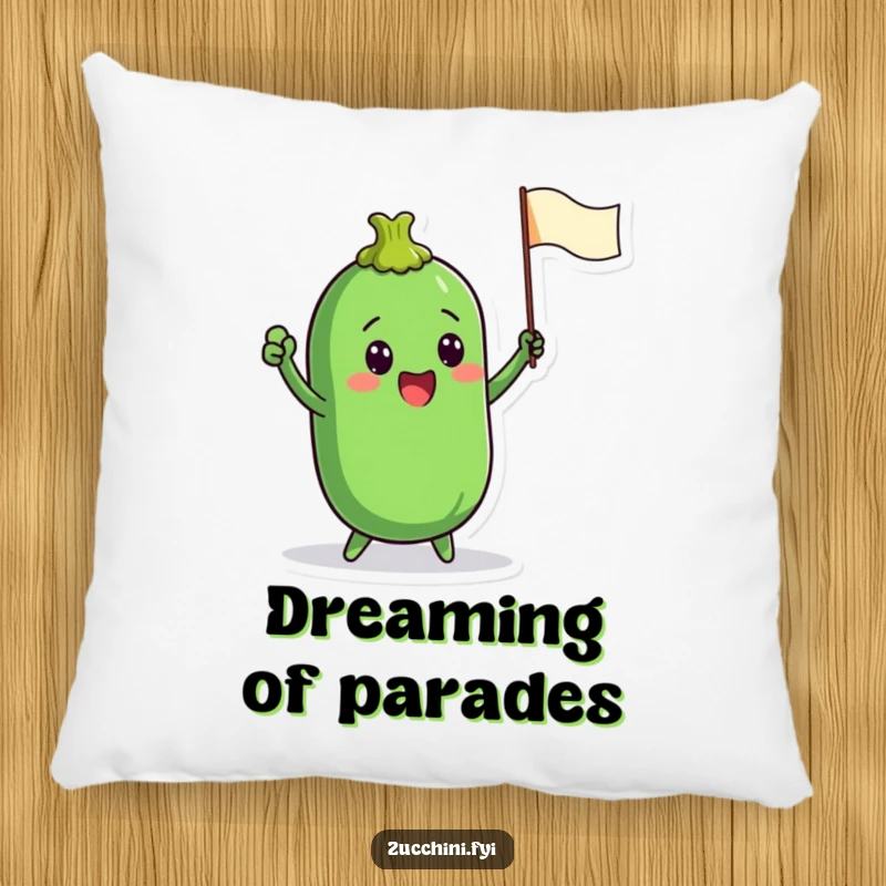 Funny pillow illustrating a zucchini character enthusiastically waving a tiny flag, offering comfort and a touch of spirited fun.