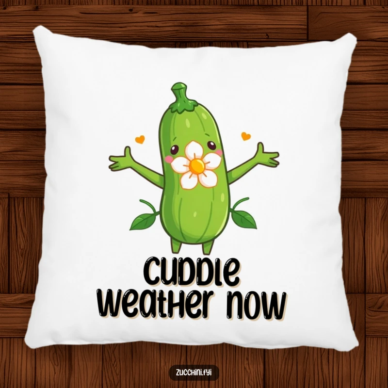 Funny pillow design of a zucchini with arms outstretched, embracing a delicate blooming flower.