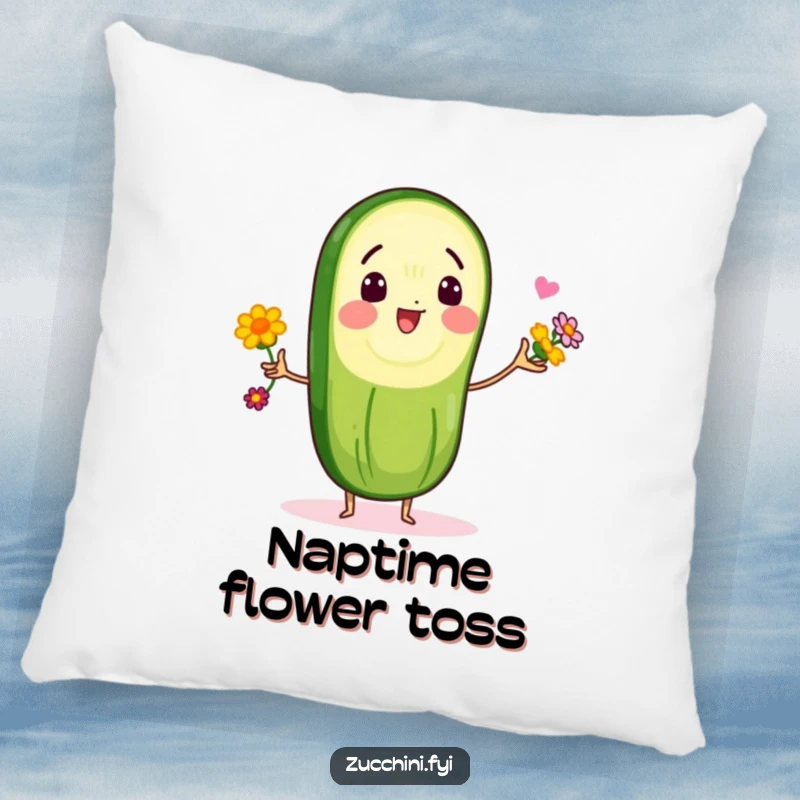 Funny pillow designed with a gleeful zucchini slice character skillfully juggling small, vibrant edible flowers, offering comfort and comedic relief.