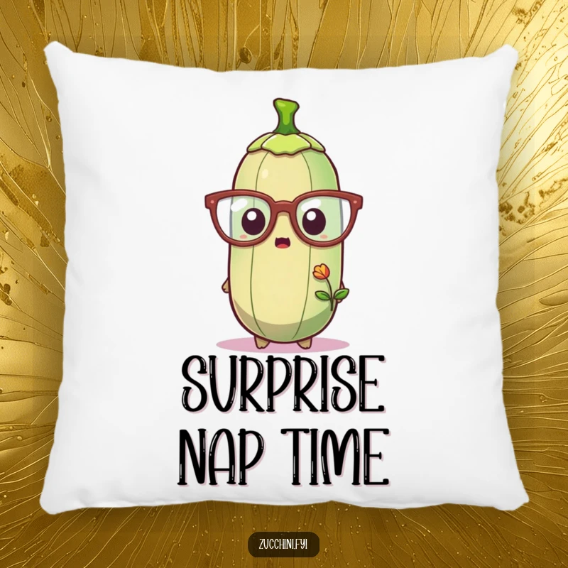 Funny pillow illustrating a zucchini wearing oversized glasses, looking comically shocked by a tiny sprout, offering comfort and humor.