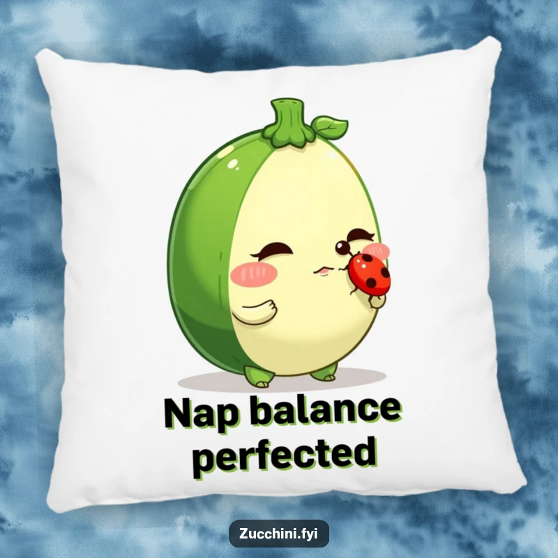 Funny zucchini pillow, a determined veggie character balancing a ladybug on its nose, soft and humorous for relaxation.