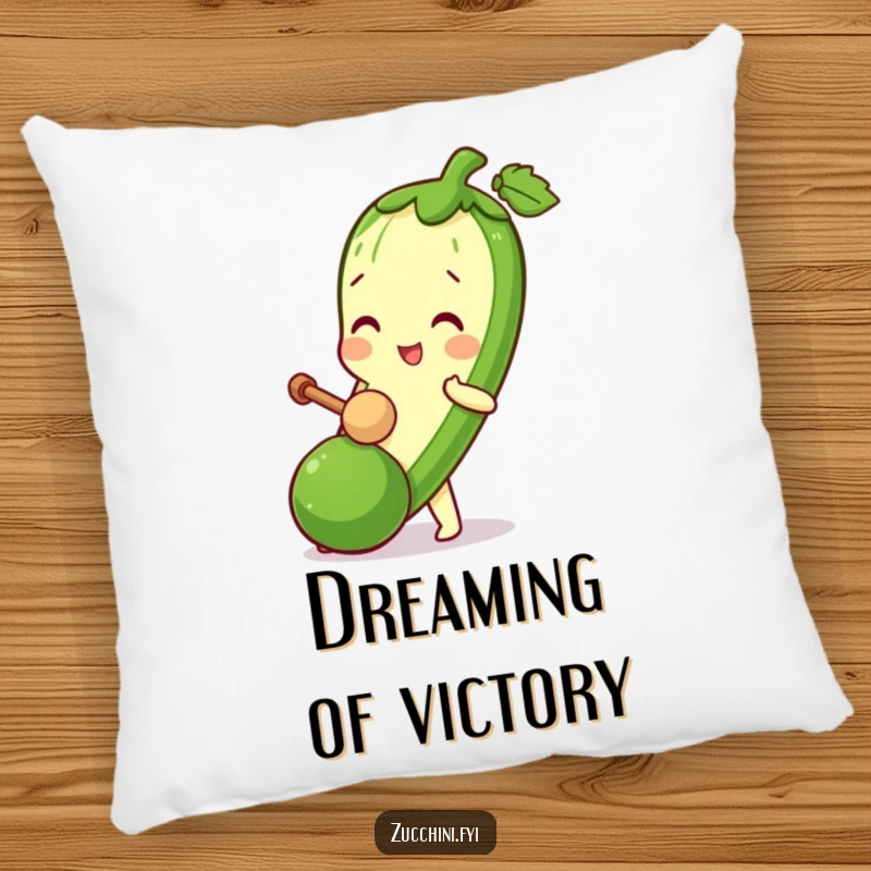 Funny Zucchini Mallet Pillow showing a zucchini character playfully bopping a tiny zucchini with a miniature mallet.