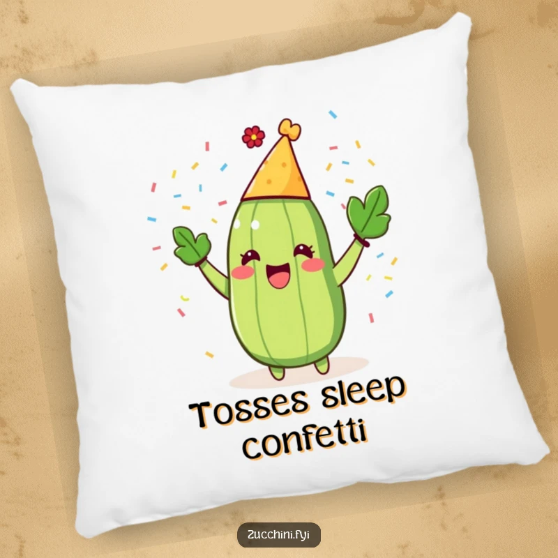 Funny Zucchini Party Pillow with a smiling zucchini in a party hat enthusiastically throwing confetti around.
