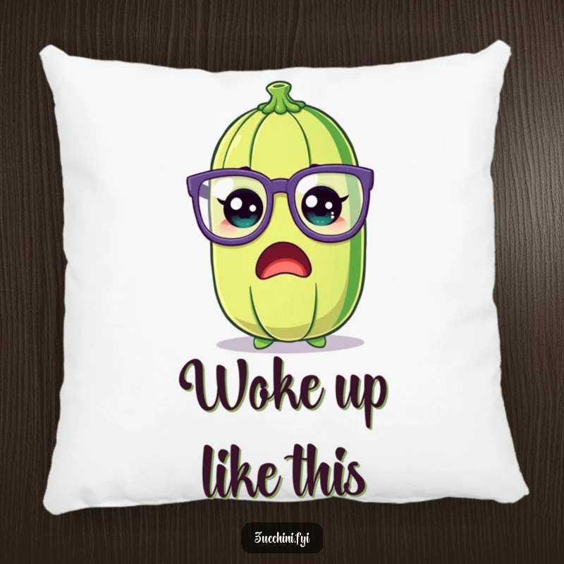Funny Zucchini Pillow featuring a soft, cartoon zucchini with a shocked expression and oversized silly glasses, offering humorous comfort.