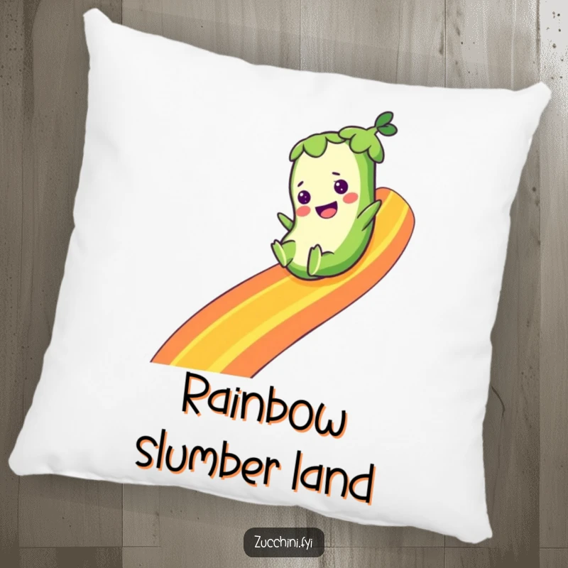 Funny pillow illustrating a zucchini character joyfully sliding down a vibrant rainbow, offering comfort and a touch of whimsical magic.
