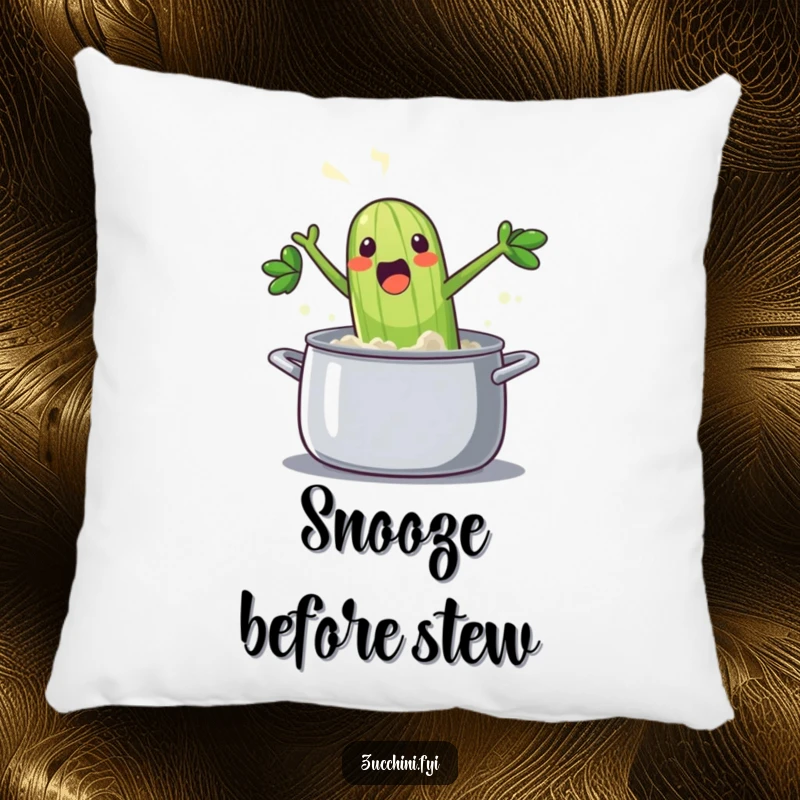 Funny zucchini pillow design: a joyous, steaming vegetable leaping into a pot with a splash, adding a playful touch to any space.