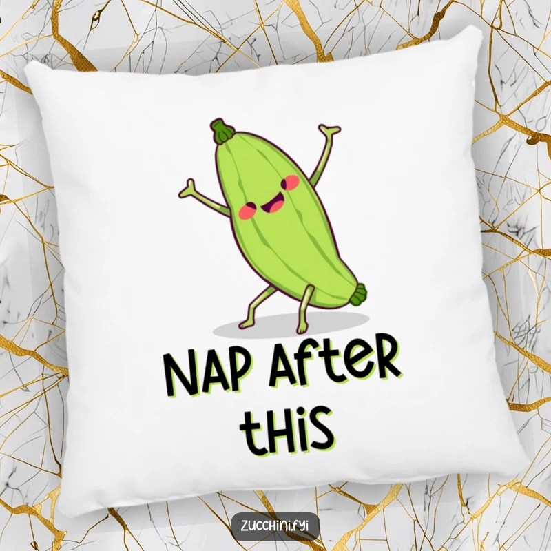 Funny kawaii zucchini attempting a cartwheel, its wobbly limbs creating a comical and cute scene on a soft pillow.