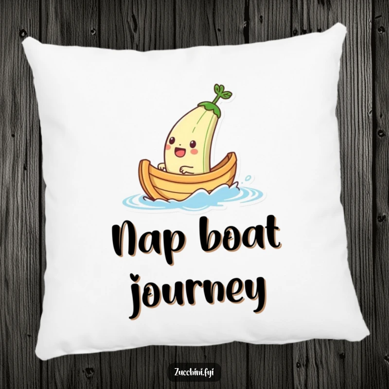 Funny pillow designed with a jubilant zucchini boat character sailing on water, offering comfort and a touch of playful maritime charm.