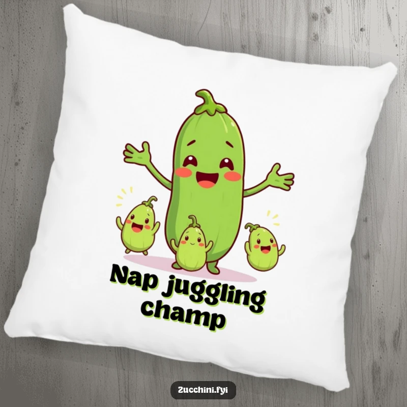 Funny pillow with a smiling zucchini character juggling three small, excited zucchinis, offering comfort and a dose of vegetable-themed amusement.
