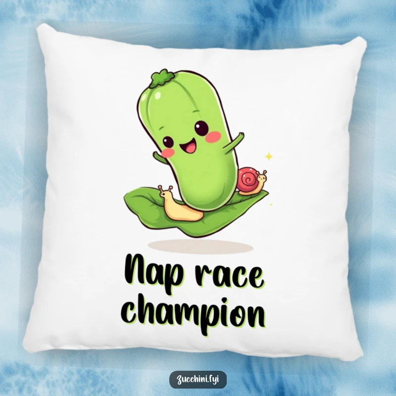 Funny pillow featuring a cheerful zucchini racing a snail on a leaf, adding humorous comfort and a playful theme.