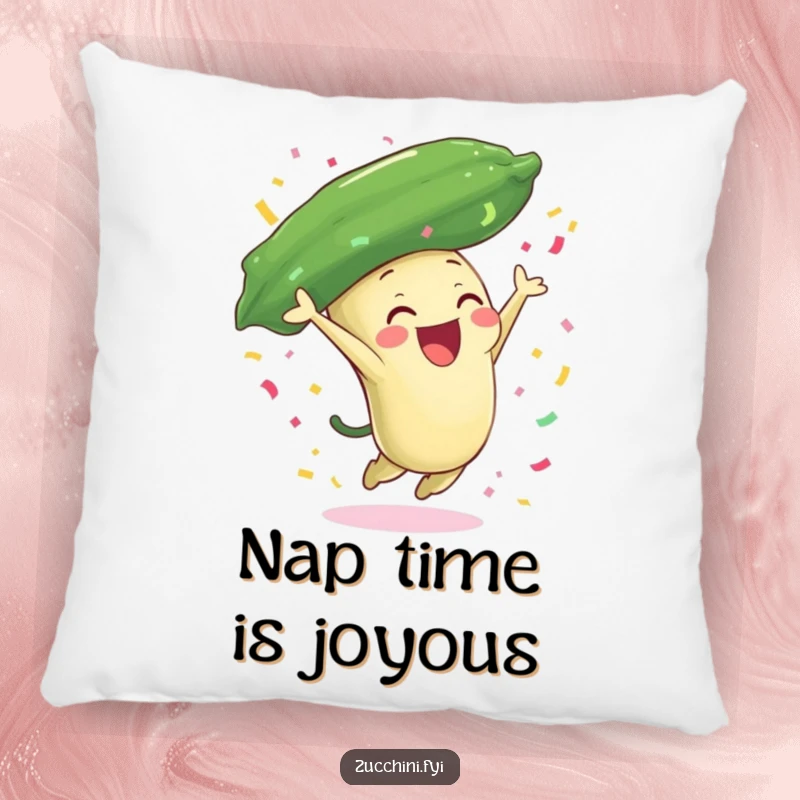 Funny zucchini pillow featuring a joyful zucchini character leaping and showering confetti, providing soft, comfortable, and humorous celebration.