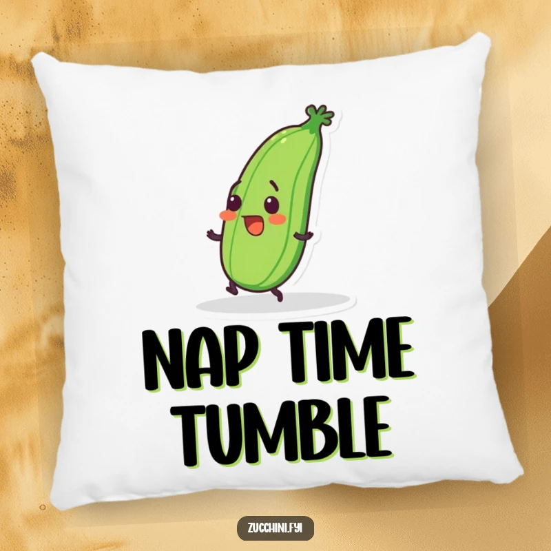 Funny pillow featuring a wobbly zucchini tripping with a surprised grin, offering cozy comfort and clumsy humor.