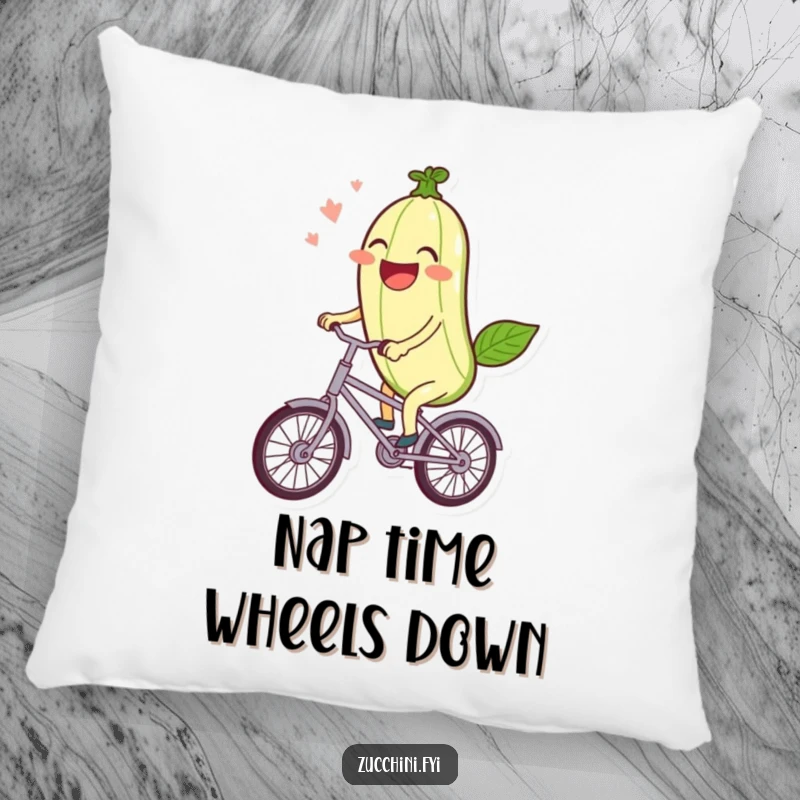 Funny Pillow: A laughing kawaii zucchini rides a miniature bicycle, adding soft, cheerful vegetable humor.