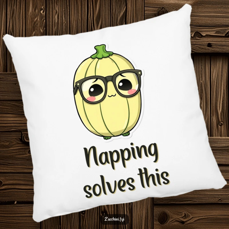 Funny Bewildered Zucchini Pillow with a zucchini wearing comically large glasses, looking thoughtfully puzzled and squishy.