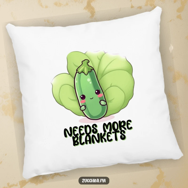 Funny kawaii zucchini hiding behind a leaf on a soft pillow, offering cute comfort and shy humor, suitable as a decorative gift.