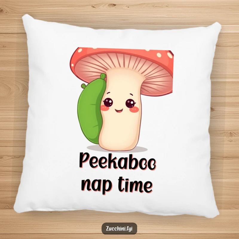 Funny curious zucchini pillow featuring a zucchini peeking from behind a smiling mushroom, offering comfort and a touch of humorous exploration.