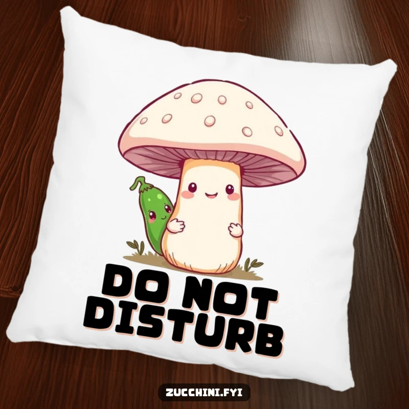 Funny pillow featuring a shy zucchini hiding behind a big, friendly smiling mushroom, offering comfort and a touch of whimsy.