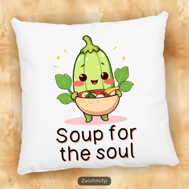 Funny cheerful zucchini pillow featuring a smiling vegetable offering a steaming bowl, a soft and comforting decor item.
