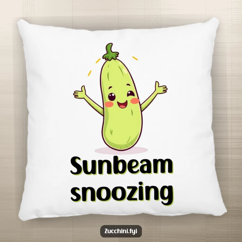 Funny pillow featuring a smiling zucchini catching a sunbeam, offering cozy comfort and a dose of sunny humor.