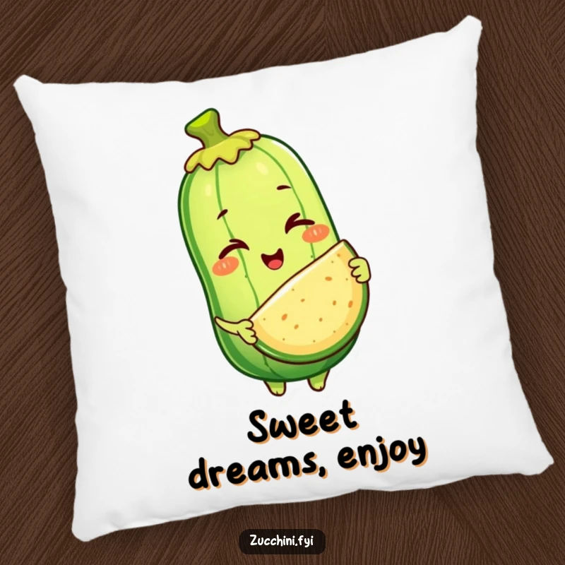 Funny pillow with a winking anthropomorphic zucchini character offering a slice of itself, providing comfort and a humorous, quirky accent.