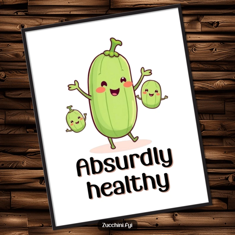 Funny zucchini juggling smaller zucchinis, as a digital art print, showcasing veggie humor, funny gift.