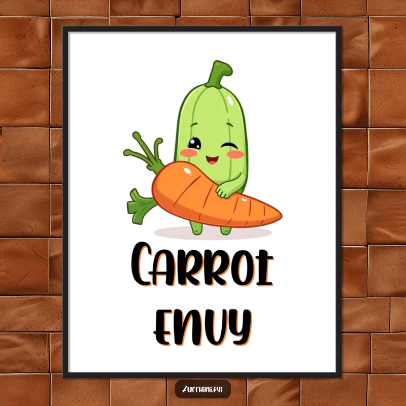 Funny digital art print of a winking zucchini holding a comically large carrot, perfect for instant humorous wall decor.