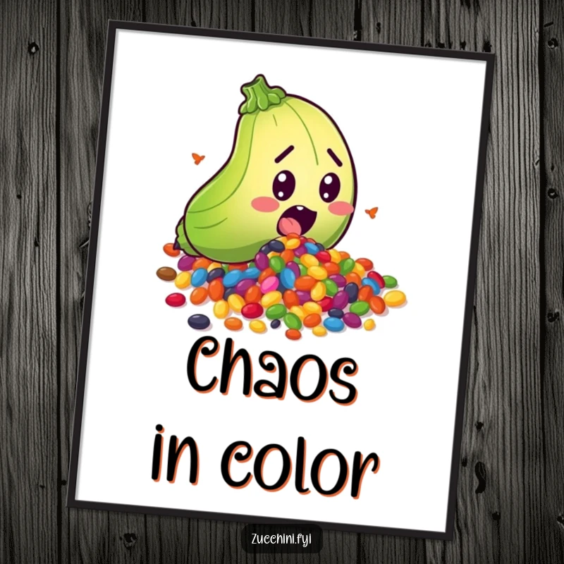 Funny digital art print of a surprised zucchini character spilling a rainbow of colorful seeds, offering instant downloadable vegetable humor and personality.