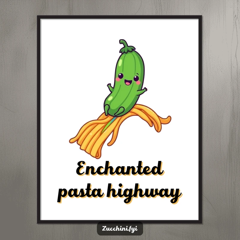Funny zucchini sliding down a pasta strand rainbow, high-resolution digital art for whimsical decor.