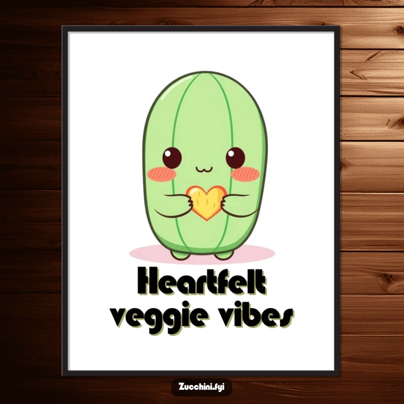 Funny zucchini digital art print of a cute, blushing zucchini character offering a small, glowing heart, creating sweet, humorous, and lovable decor.