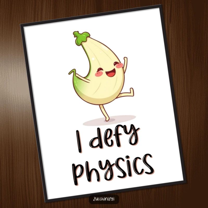 Funny digital art print of a zucchini doing a cartwheel with a wide, joyous, happy grin.