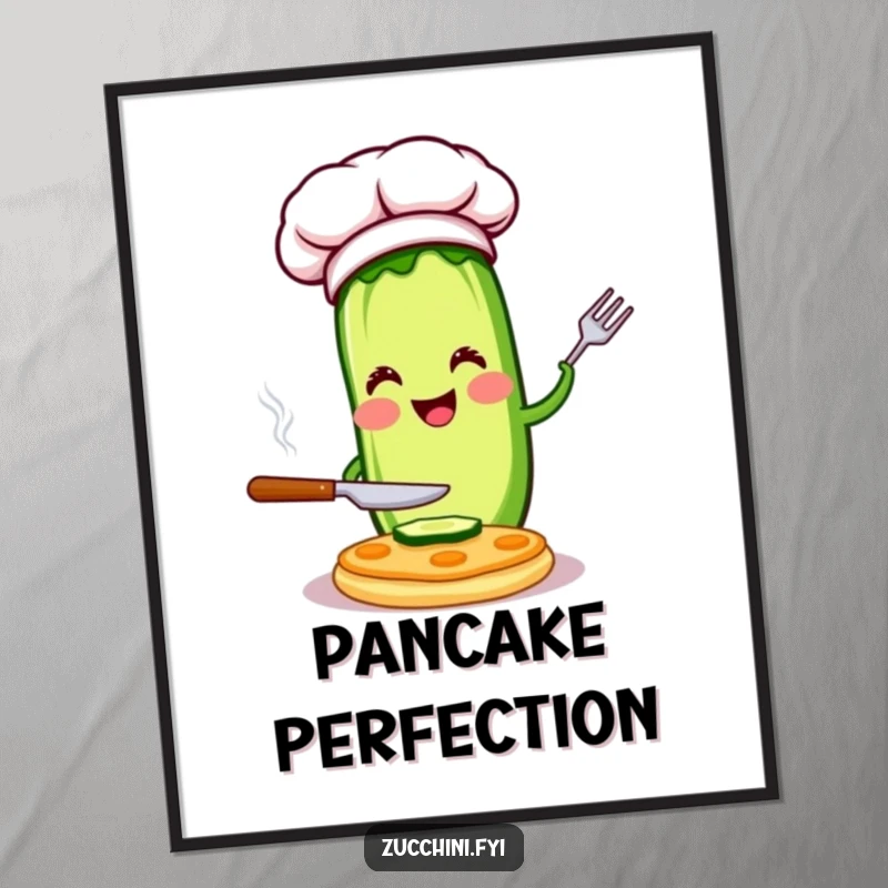 Funny chef zucchini digital art print of a happy character flipping a pancake, offering instant humorous culinary joy and a cute aesthetic, ideal for gifting.