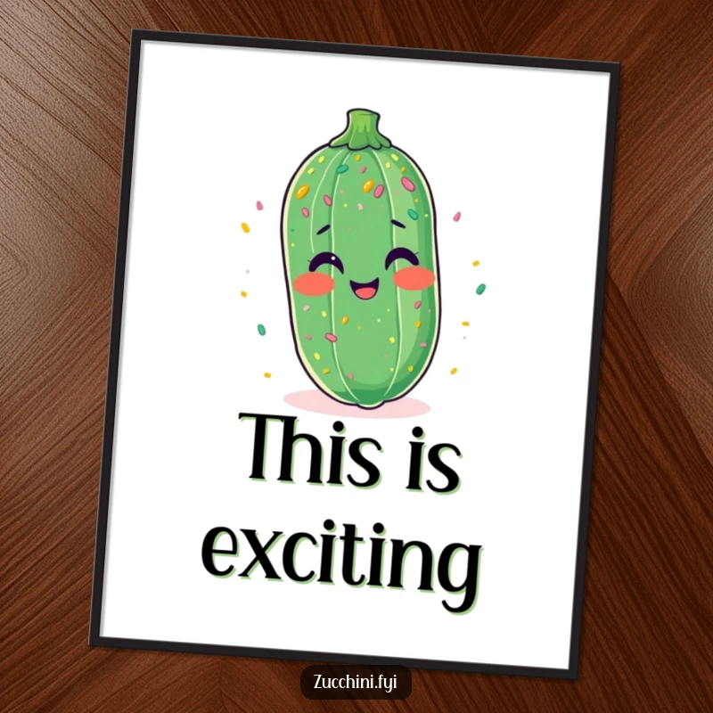 Funny digital art print of a zucchini laughing hysterically, covered in a lively shower of confetti.