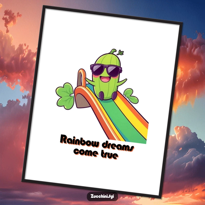 Funny Giggling Zucchini Digital Art Print: A zucchini in sunglasses zooms down a rainbow slide, presented as downloadable art for joyful decor.