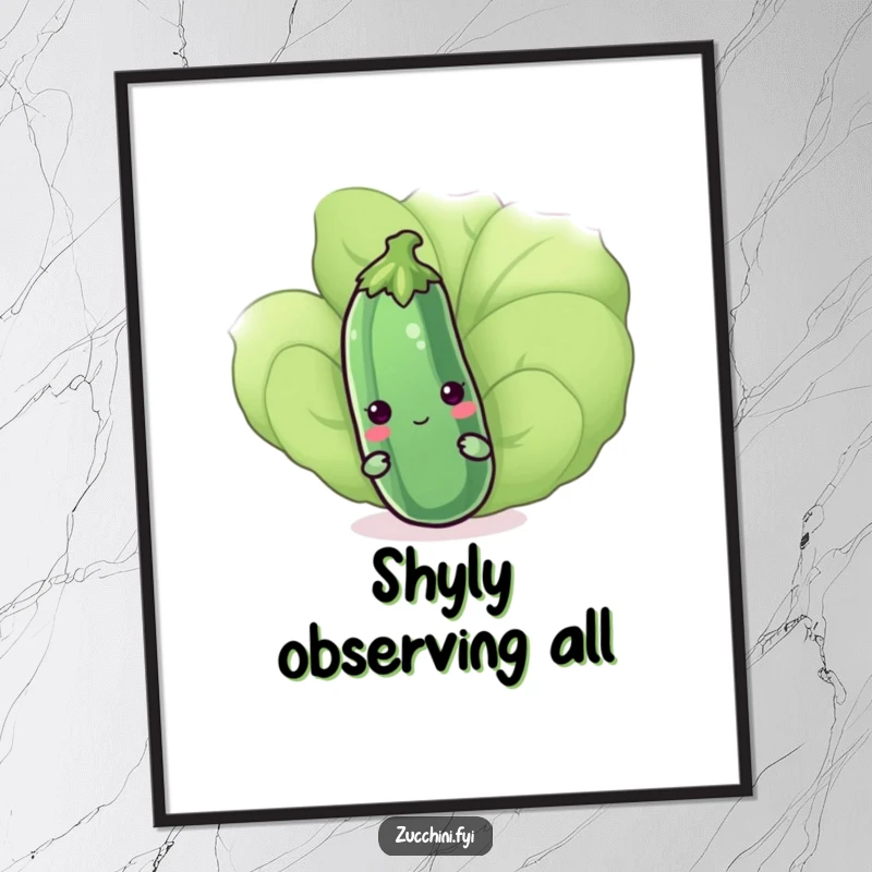 Funny kawaii zucchini shyly peeking from behind a leaf in digital art print format, offering instant cute humor and charm, a gift.