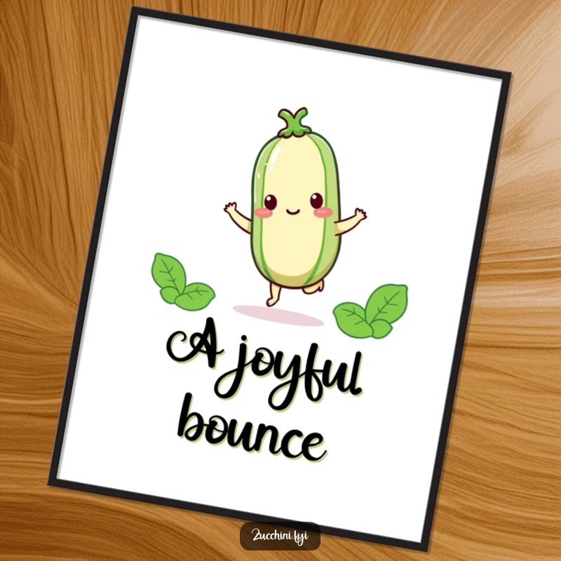 Funny kawaii zucchini hopping joyfully on one foot, digital art celebrating happiness and energetic charm.