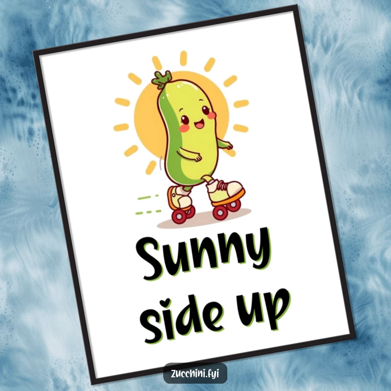 Funny zucchini on roller skates speeding past a cartoon sun as a digital art print, full of motion.