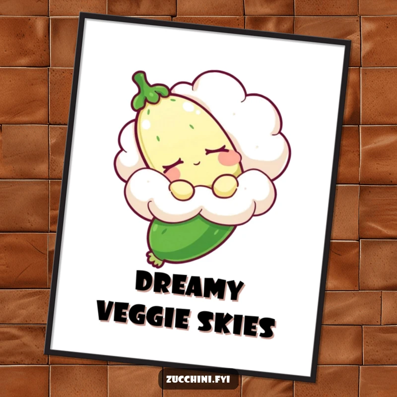 Funny sleepy zucchini digital art print showing a drowsy zucchini on a cloud, perfect for adding whimsical humor and dreams to screen readers.