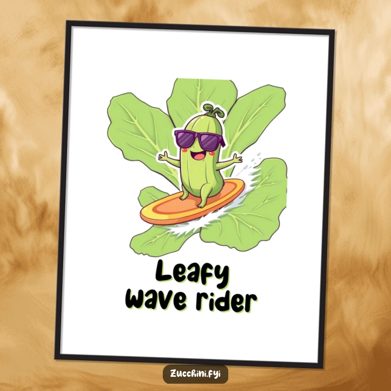 Funny zucchini with sunglasses giggling while surfing on a giant lettuce leaf, high-res digital art.