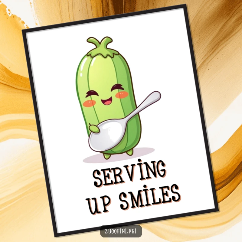 Funny digital art print of a winking zucchini holding a comically large spoon, embodying playful kitchen humor.