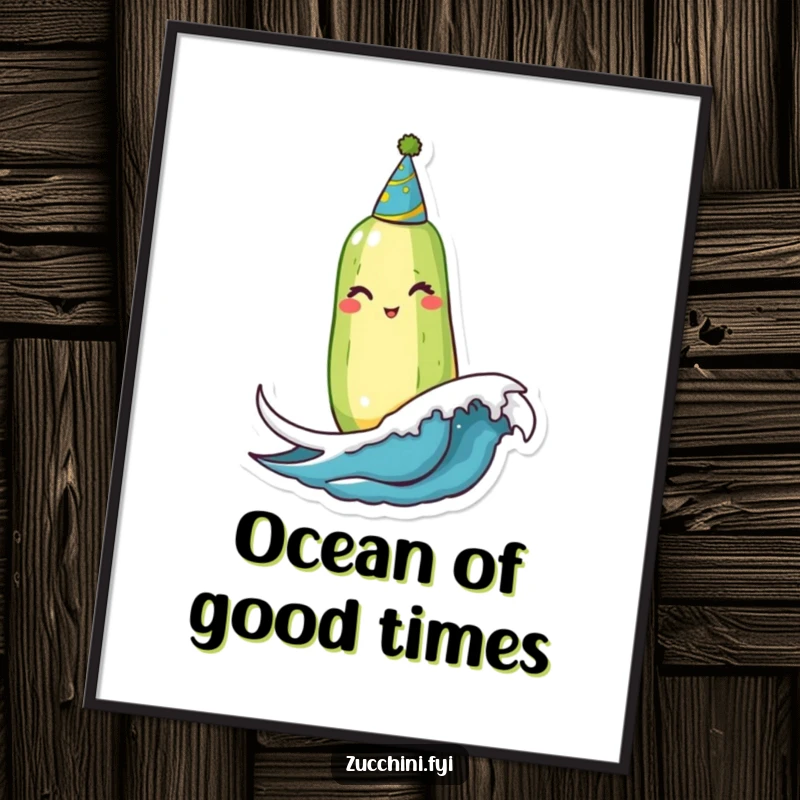 Funny Winking Zucchini Digital Art Print: A winking zucchini with a party hat artistically depicted bobbing on a wave, ready for instant download.