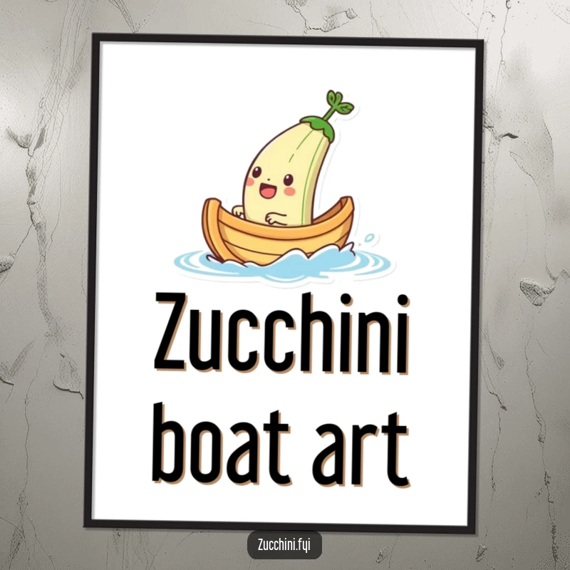 Funny digital art print of a jubilant zucchini boat character sailing on a small splash of water, a charming and humorous artwork.