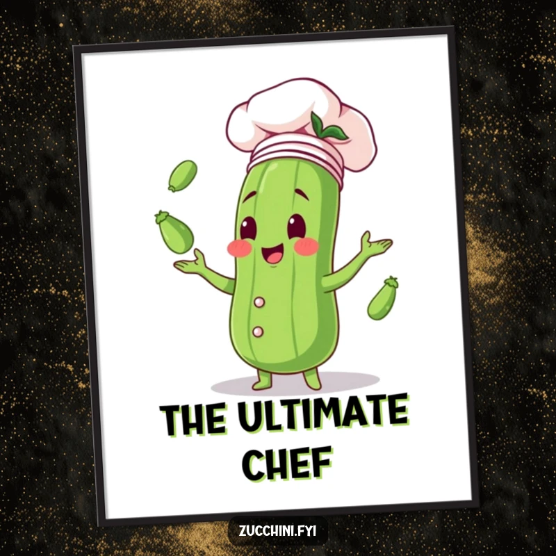 Funny digital art print featuring a zucchini wearing a chef hat, joyfully juggling multiple small zucchinis, adding a humorous culinary touch to decor.