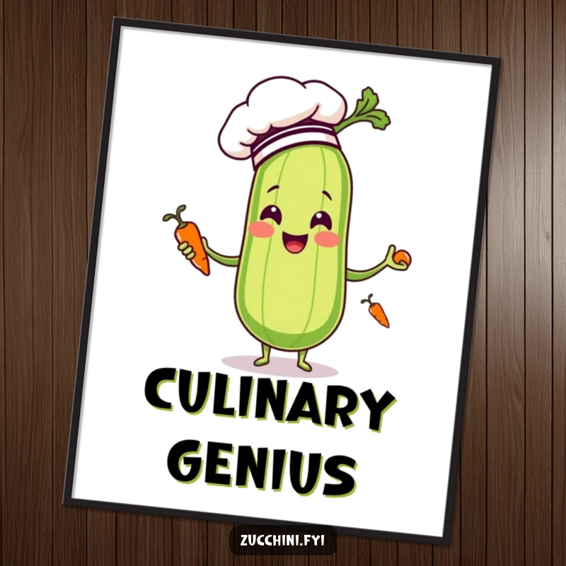 Funny zucchini chef juggling carrots as a digital art print, ready to bring humor to any wall.