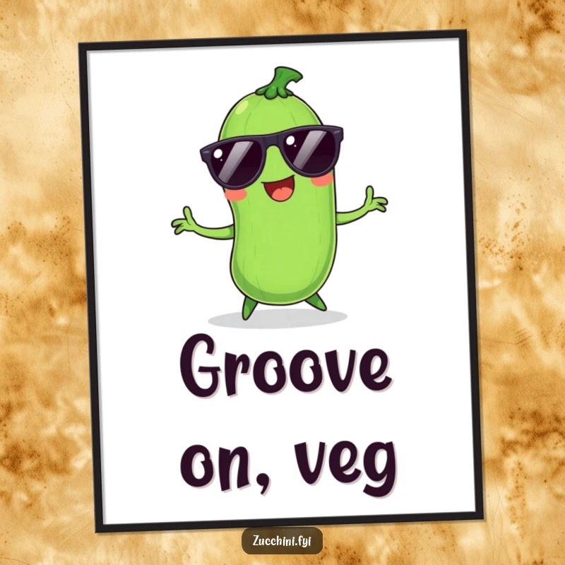 Funny Zucchini Digital Art: Smiling vegetable with sunglasses, dancing energetically, ideal for fun and groovy wall decor.