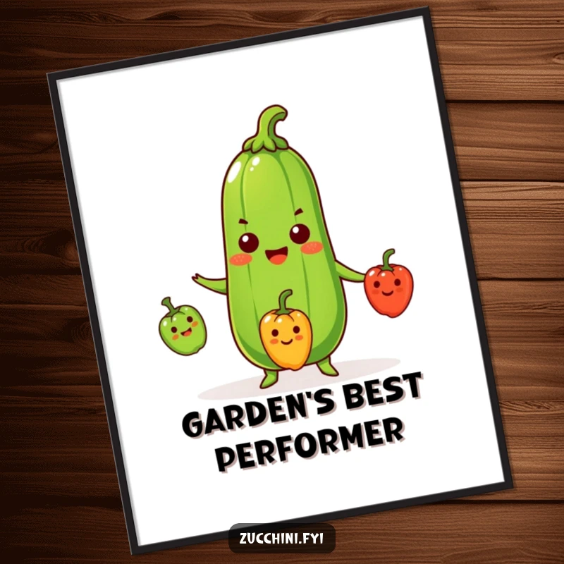 Funny Zucchini Digital Art Print of a beaming cartoon zucchini juggling three small, smiling peppers, a high-resolution file for humorous decor.