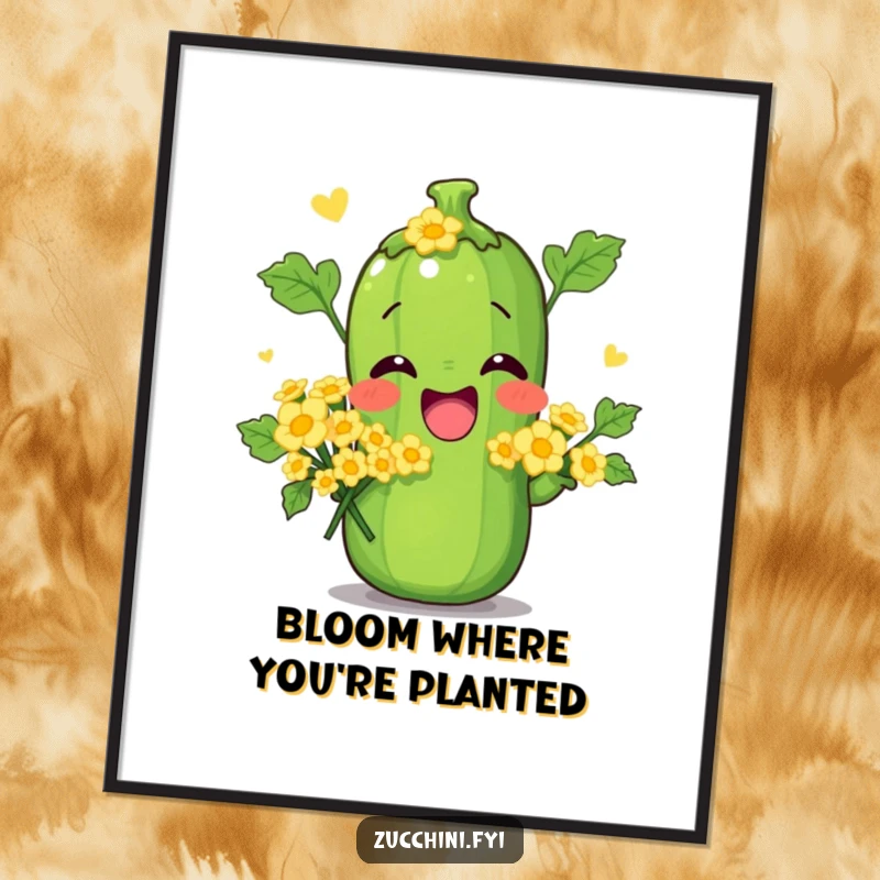 Funny digital art print of a zucchini character striking a pose with a bouquet of tiny zucchini flowers, perfect for instant decor.