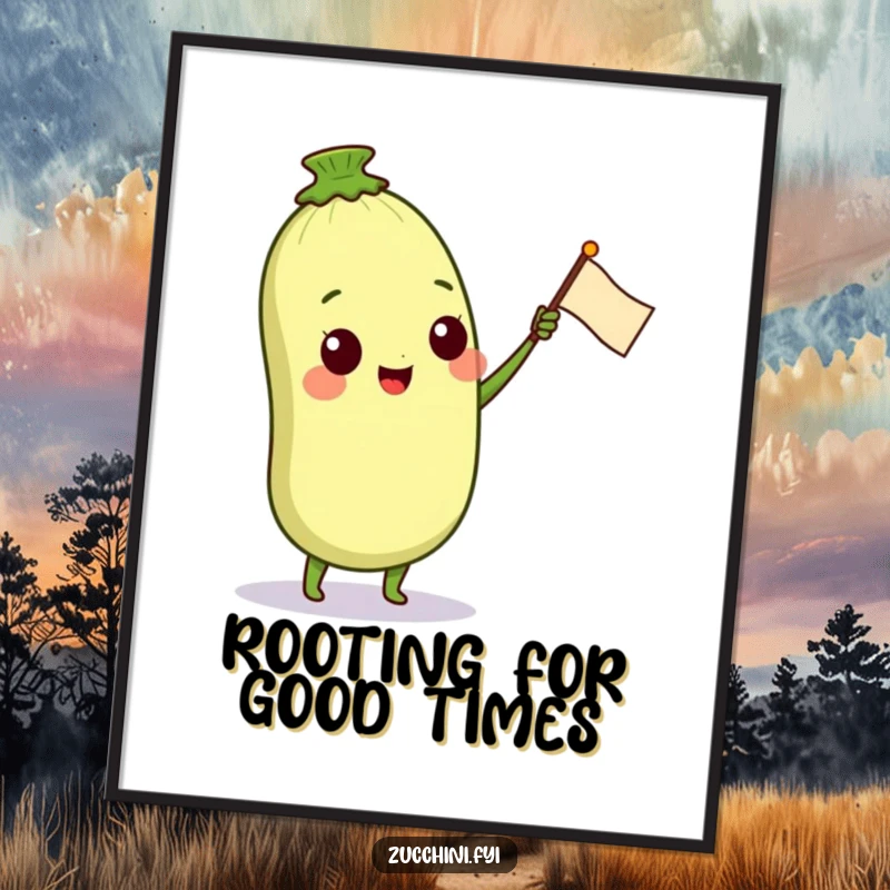 Funny digital art print of a smiling anthropomorphic zucchini character waving a small petal flag, perfect for whimsical wall art or digital projects.