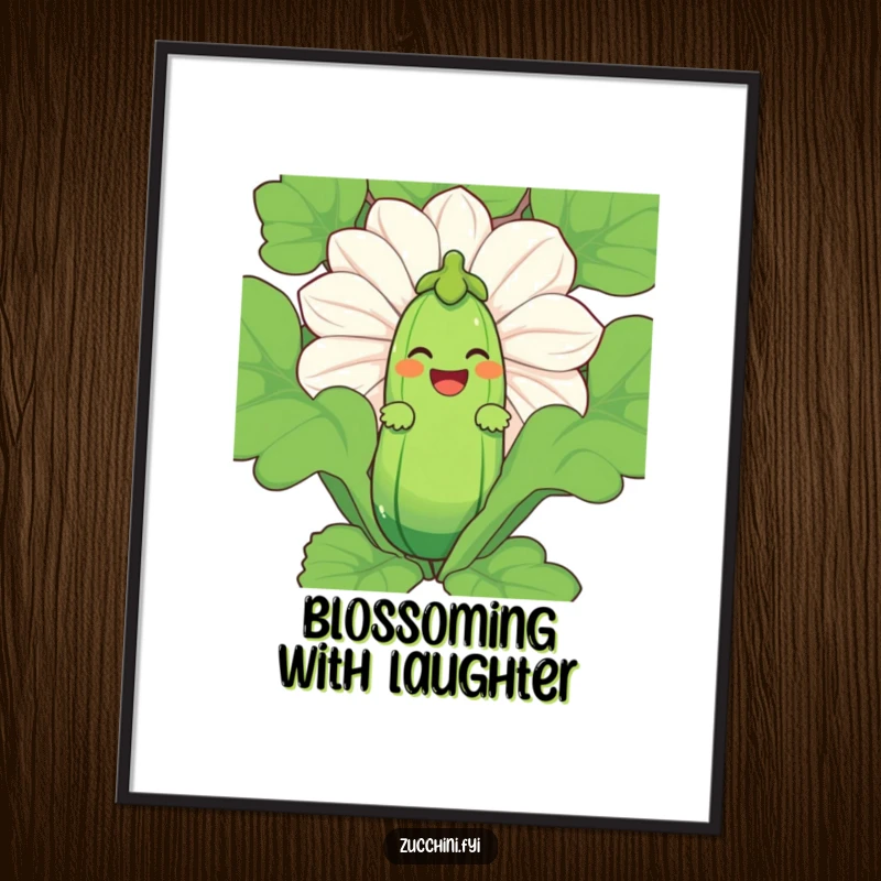 Funny Zucchini Laugh Digital Art Print of a laughing zucchini character peeking from behind a giant zucchini blossom.